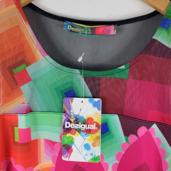 New Desigual Geometric Pixel Knit Sheer Mesh Sleeveless Knee Length Shift Dress - Picture 6 of 12